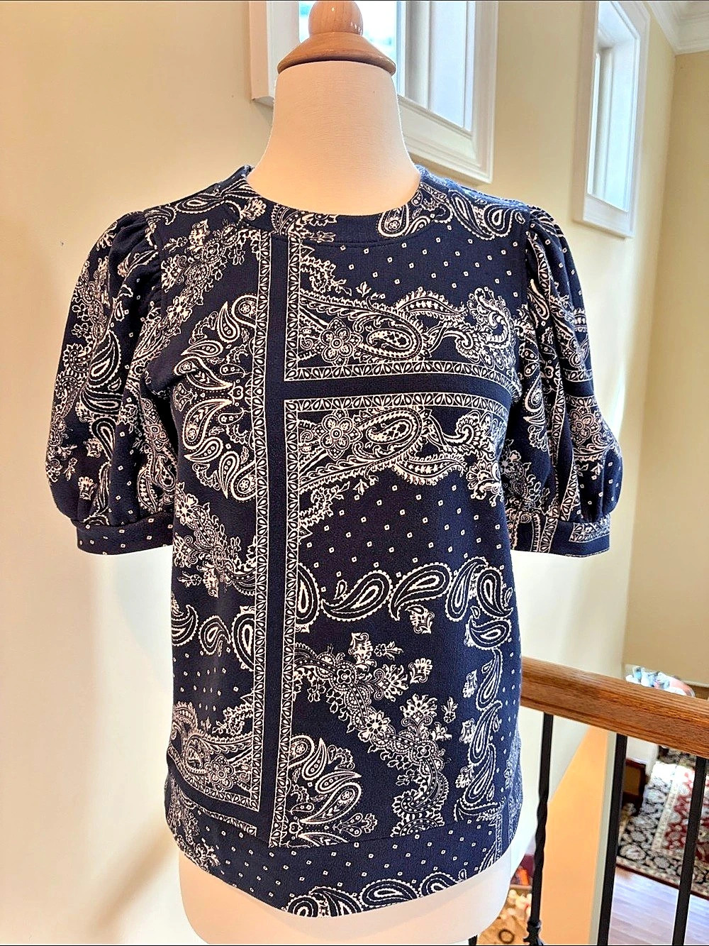 LOFT Paisley Puff Sleeve Blouse in Blue & White